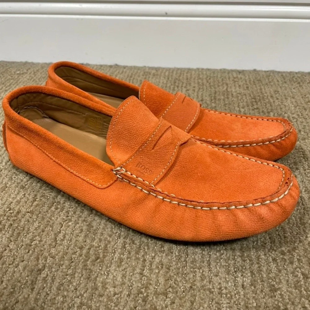 BOSS Hugo Boss Penny Loafers Men 43 Orange US 10 Suede Driving Shoes Bold Casual
